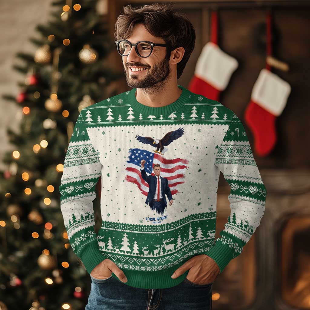 Charlie Kirk Tribute Ugly Christmas Sweater A True Patriot American Flag Patriotic Eagle TS02 Beige Green Print Your Wear