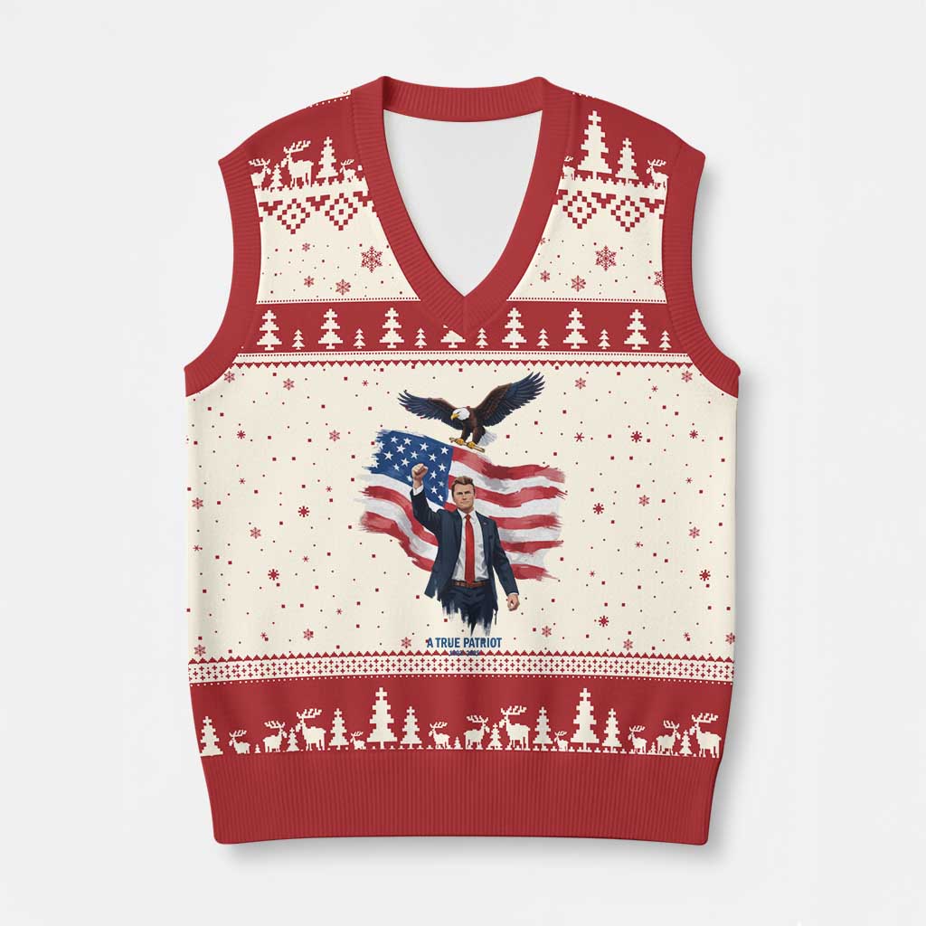 Charlie Kirk Tribute V-Neck Knit Sweater Vest A True Patriot American Flag Patriotic Eagle TS02 Beige Red Print Your Wear