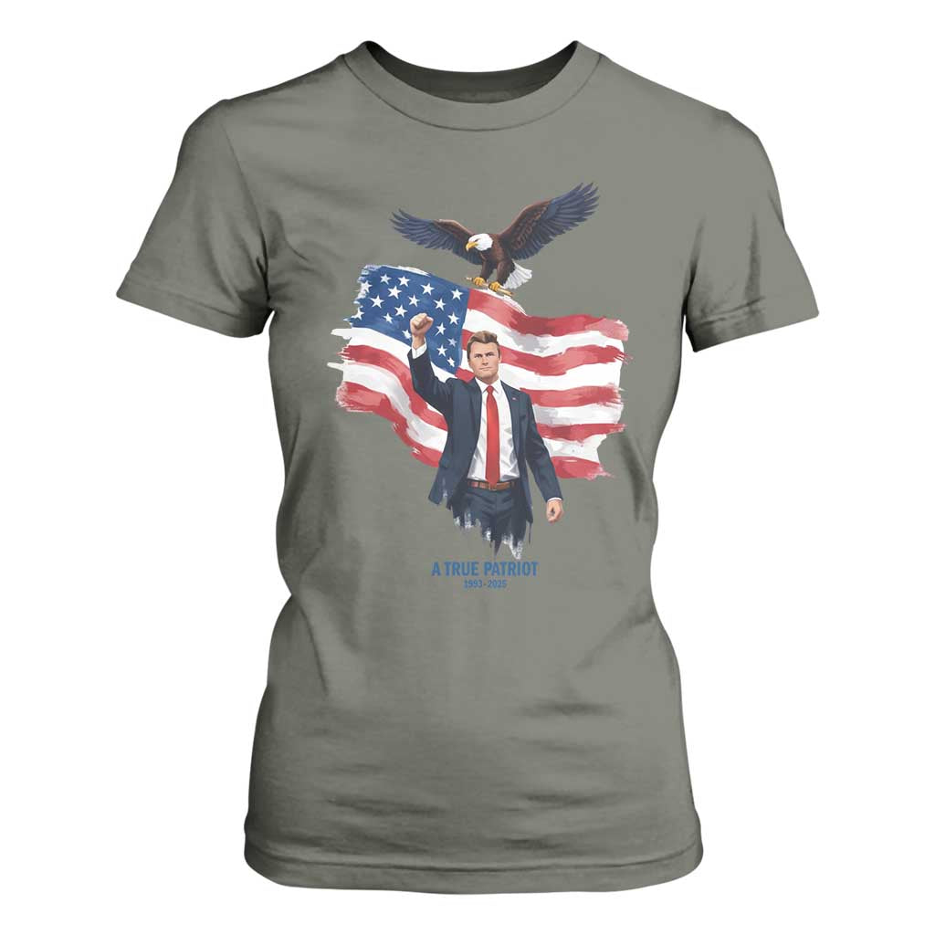 Charlie Kirk Tribute T Shirt For Women A True Patriot American Flag Patriotic Eagle TS02 Military Green Print Your Wear