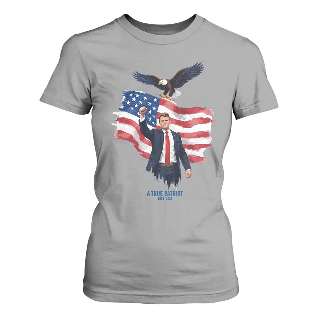 Charlie Kirk Tribute T Shirt For Women A True Patriot American Flag Patriotic Eagle TS02 Sport Gray Print Your Wear