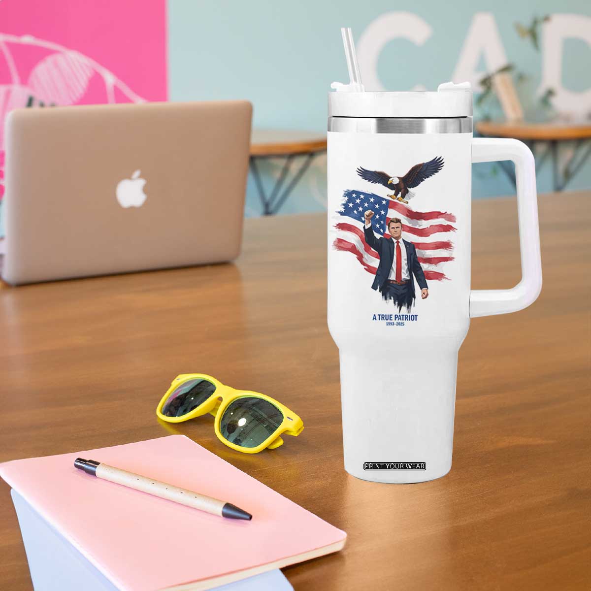 Charlie Kirk Tribute Tumbler With Handle A True Patriot American Flag Patriotic Eagle TS02 Print Your Wear
