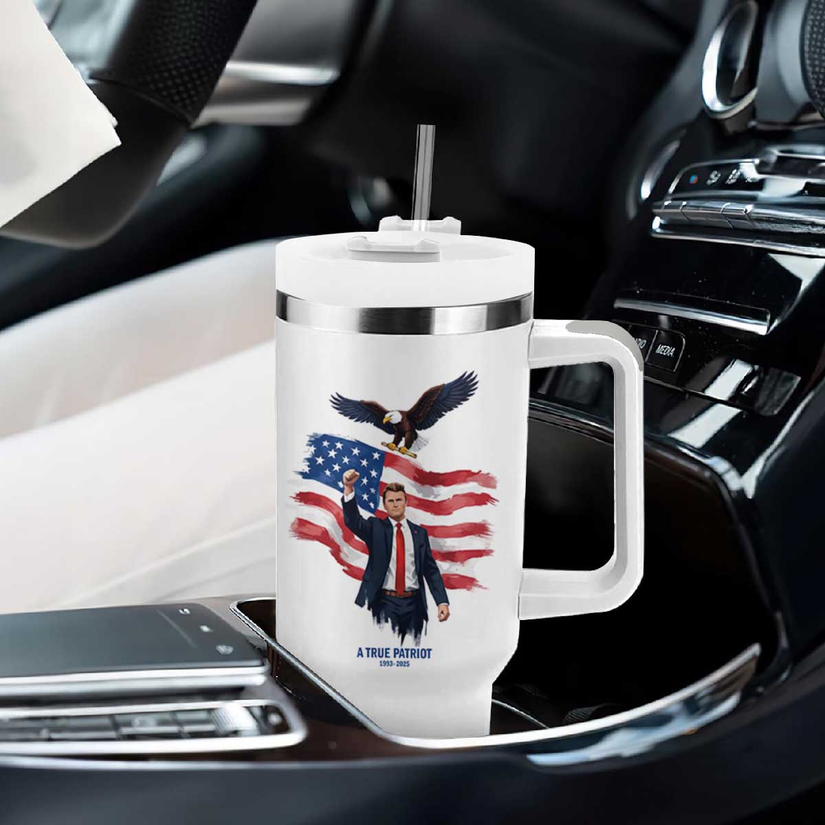 Charlie Kirk Tribute Tumbler With Handle A True Patriot American Flag Patriotic Eagle TS02 Print Your Wear