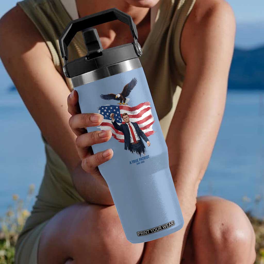 Charlie Kirk Tribute Flip Straw Tumbler A True Patriot American Flag Patriotic Eagle TS02 One Size: 30 oz Light Blue Print Your Wear