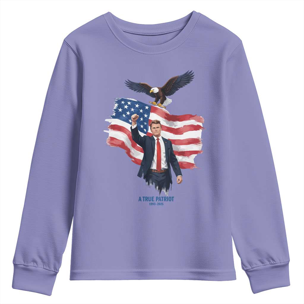 Charlie Kirk Tribute Youth Sweatshirt A True Patriot American Flag Patriotic Eagle TS02 Violet Print Your Wear