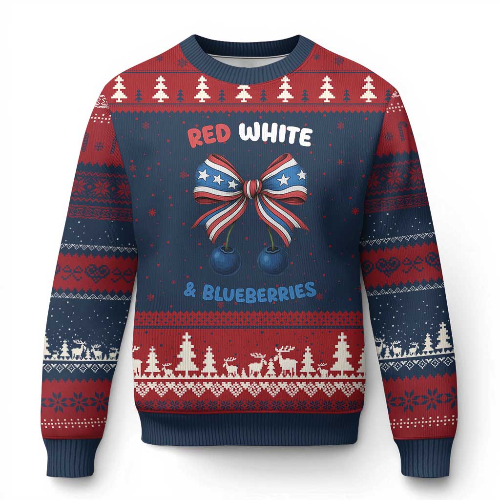 Red White and Blueberries Ugly Christmas Sweater Retro Coquette Bow Vintage American Flag TS02 Navy Red Print Your Wear