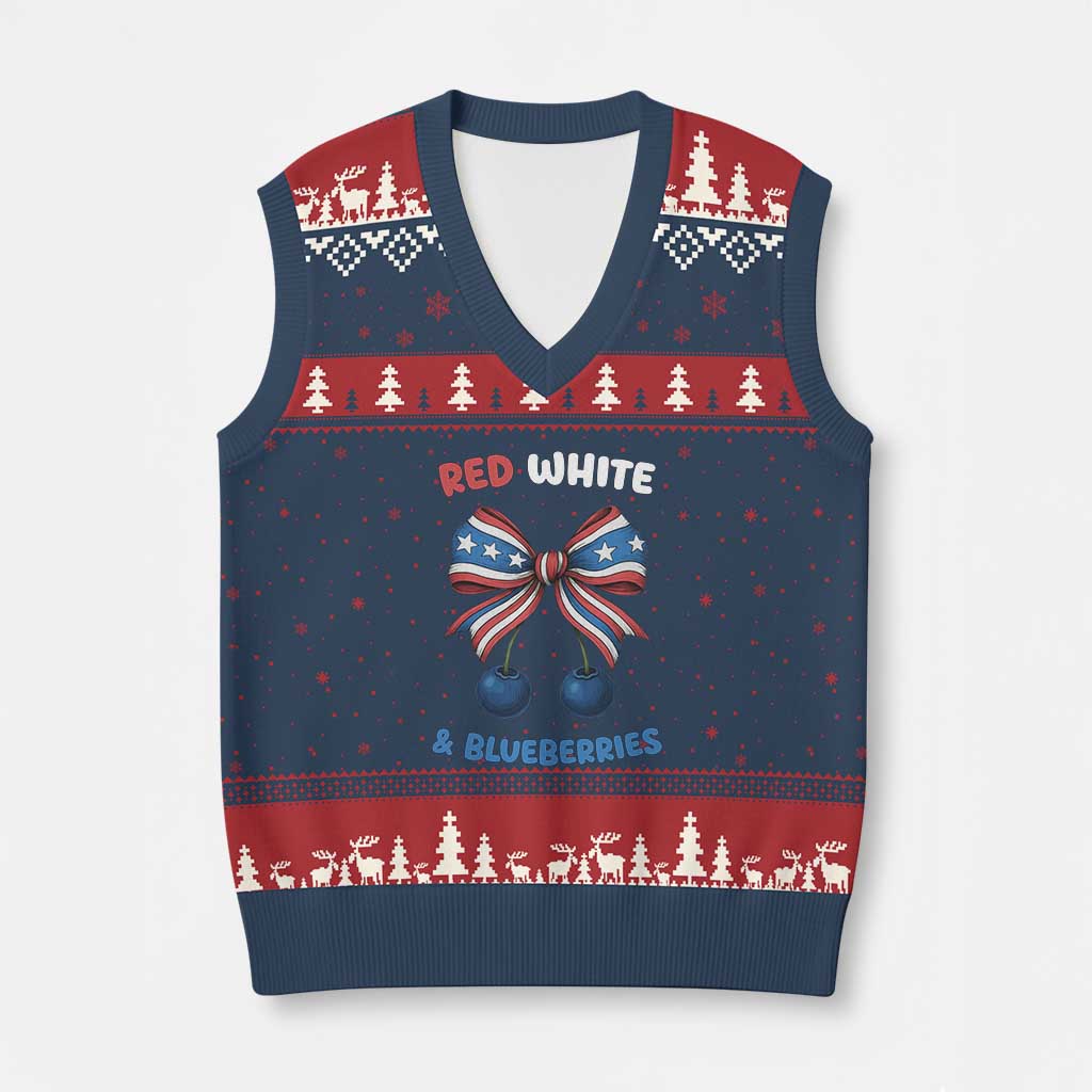 Red White and Blueberries V-Neck Knit Sweater Vest Retro Coquette Bow Vintage American Flag TS02 Navy Red Print Your Wear