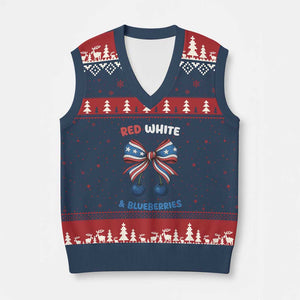 Red White and Blueberries V-Neck Knit Sweater Vest Retro Coquette Bow Vintage American Flag TS02 Navy Red Print Your Wear