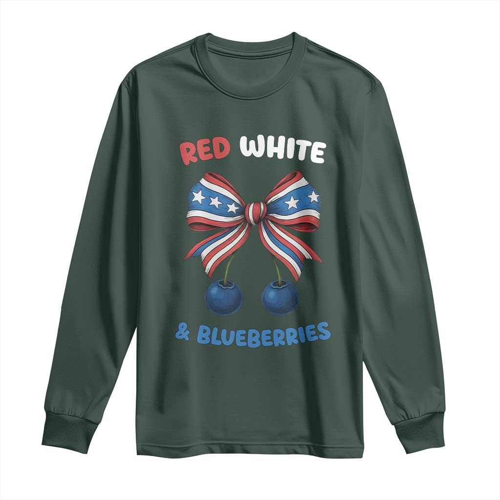 Red White and Blueberries Long Sleeve Shirt Retro Coquette Bow Vintage American Flag TS02 Dark Forest Green Print Your Wear