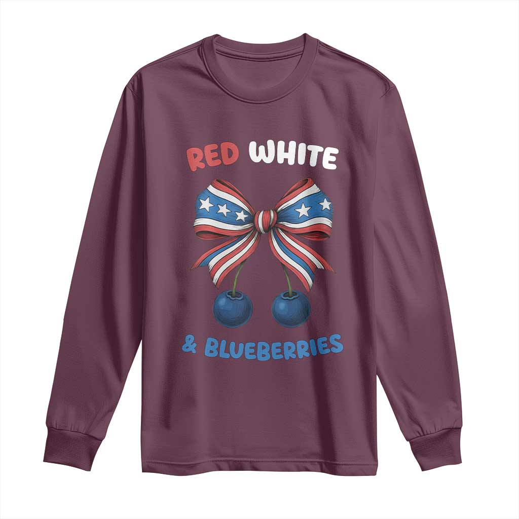 Red White and Blueberries Long Sleeve Shirt Retro Coquette Bow Vintage American Flag TS02 Maroon Print Your Wear