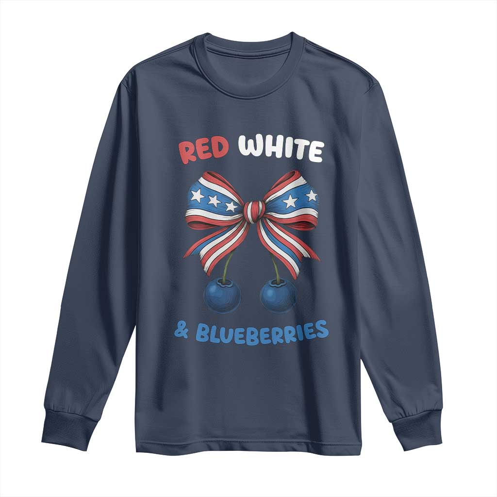 Red White and Blueberries Long Sleeve Shirt Retro Coquette Bow Vintage American Flag TS02 Navy Print Your Wear