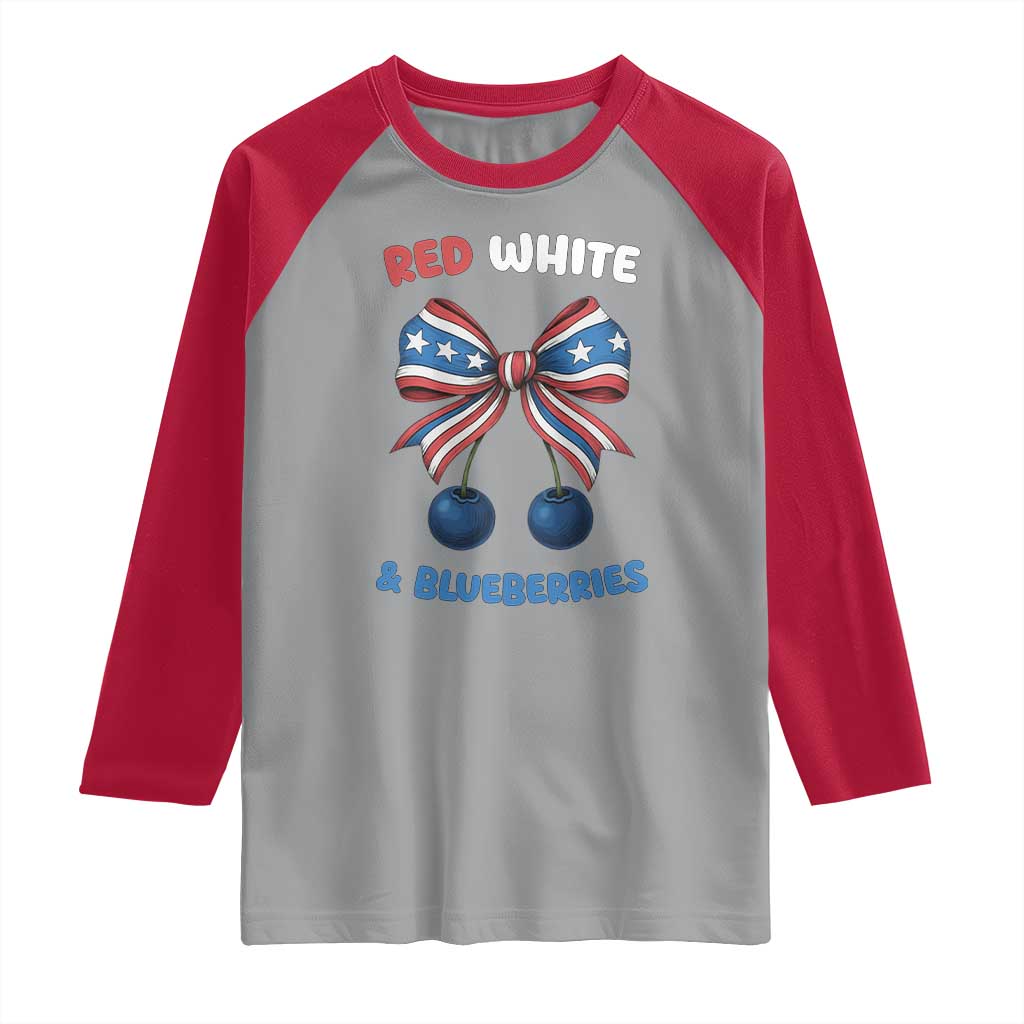 Red White and Blueberries Raglan Shirt Retro Coquette Bow Vintage American Flag TS02 Sport Gray Red Print Your Wear