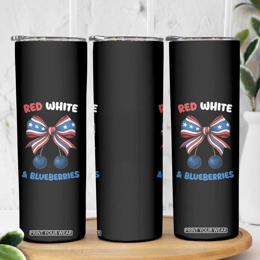 Red White and Blueberries Skinny Tumbler Retro Coquette Bow Vintage American Flag TS02 Print Your Wear