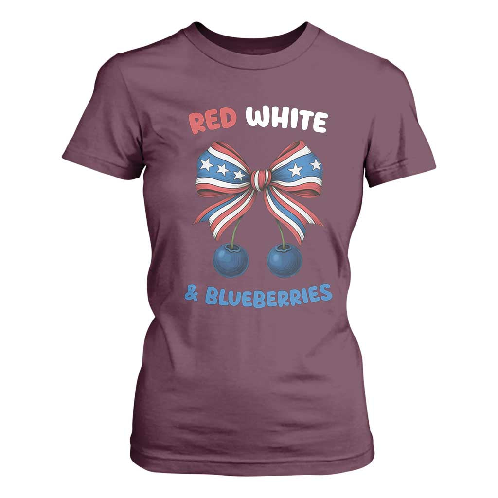 Red White and Blueberries T Shirt For Women Retro Coquette Bow Vintage American Flag TS02 Maroon Print Your Wear