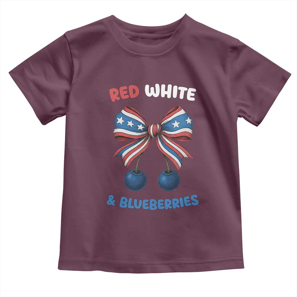 Red White and Blueberries Toddler T Shirt Retro Coquette Bow Vintage American Flag TS02 Maroon Print Your Wear