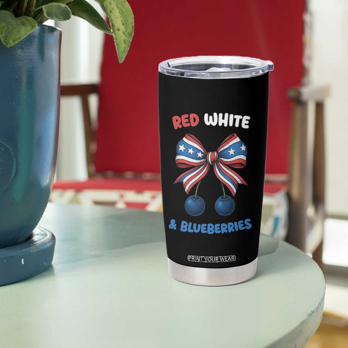 Red White and Blueberries Tumbler Cup Retro Coquette Bow Vintage American Flag TS02 Print Your Wear