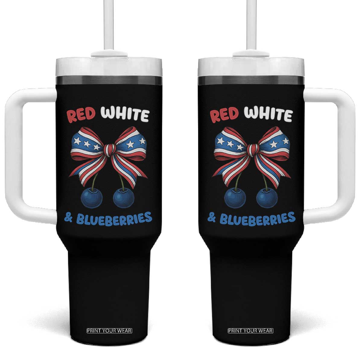 Red White and Blueberries Tumbler With Handle Retro Coquette Bow Vintage American Flag TS02 One Size: 40 oz Black Print Your Wear