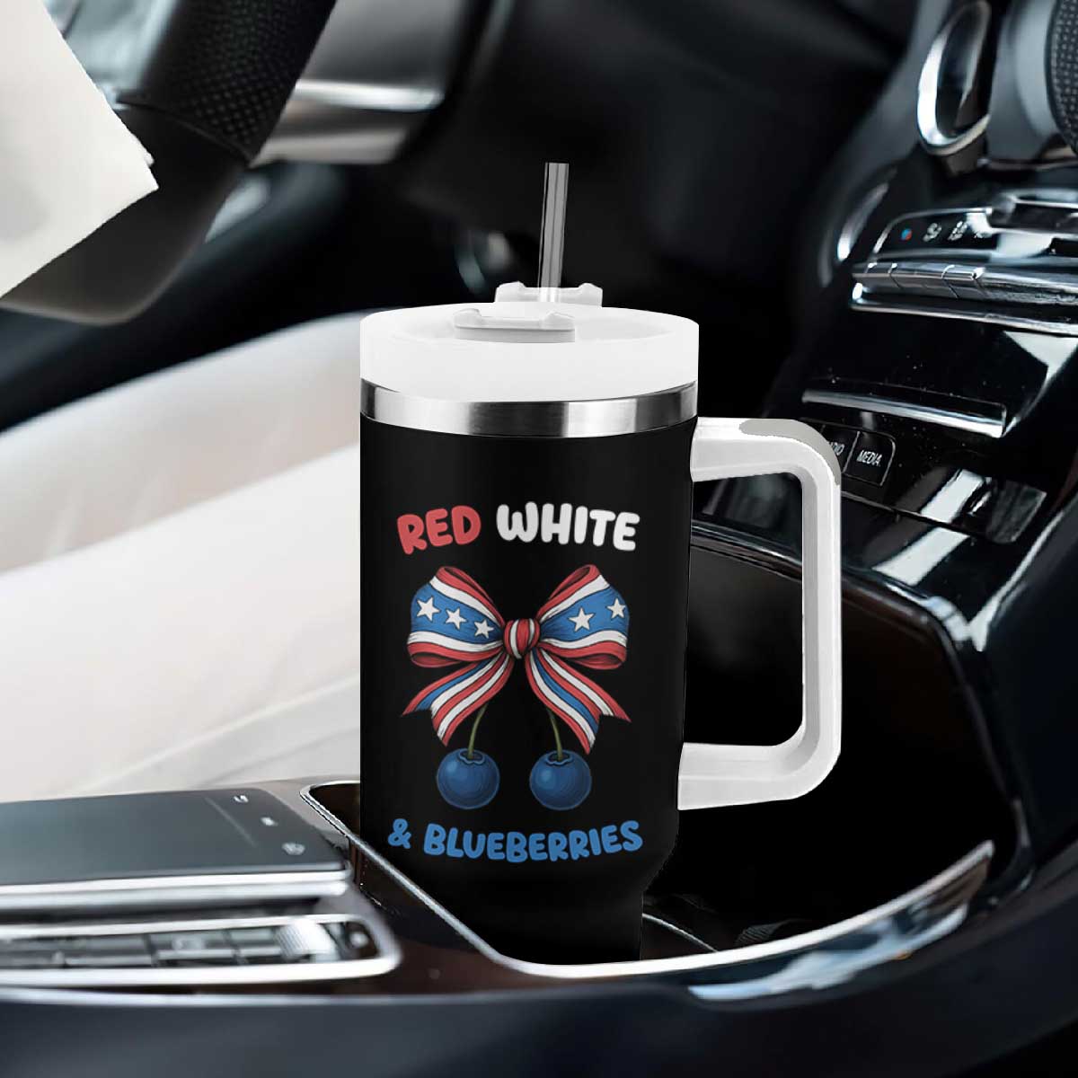Red White and Blueberries Tumbler With Handle Retro Coquette Bow Vintage American Flag TS02 Print Your Wear
