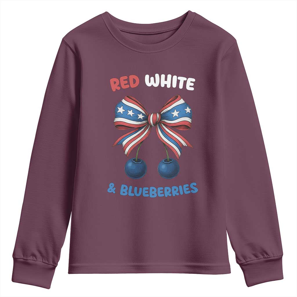 Red White and Blueberries Youth Sweatshirt Retro Coquette Bow Vintage American Flag TS02 Maroon Print Your Wear