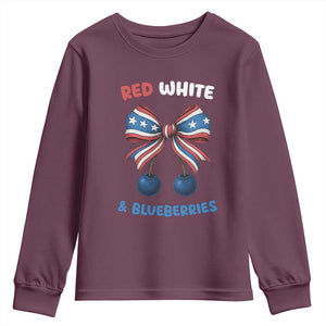 Red White and Blueberries Youth Sweatshirt Retro Coquette Bow Vintage American Flag TS02 Maroon Print Your Wear