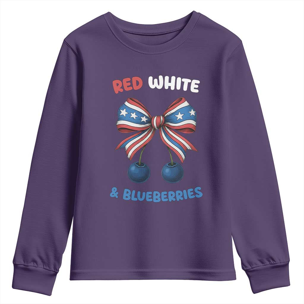 Red White and Blueberries Youth Sweatshirt Retro Coquette Bow Vintage American Flag TS02 Purple Print Your Wear