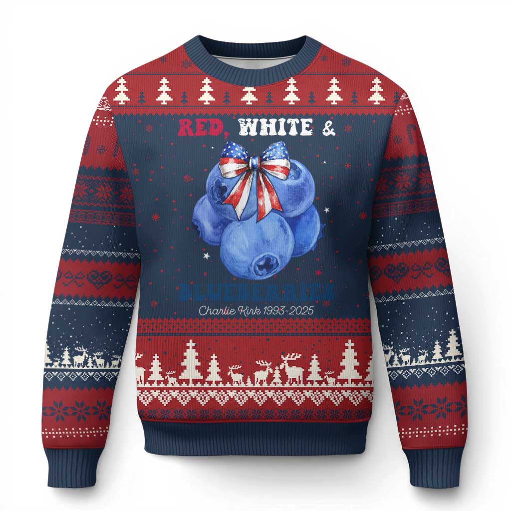 Red White and Blueberries Ugly Christmas Sweater Charlie Kirk Tribute 1993 2025 Memorial TS02 Navy Red Print Your Wear