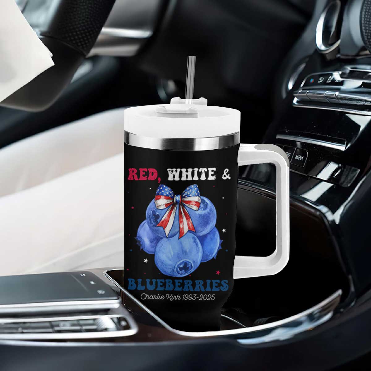 Red White and Blueberries Tumbler With Handle Charlie Kirk Tribute 1993 2025 Memorial TS02 Print Your Wear
