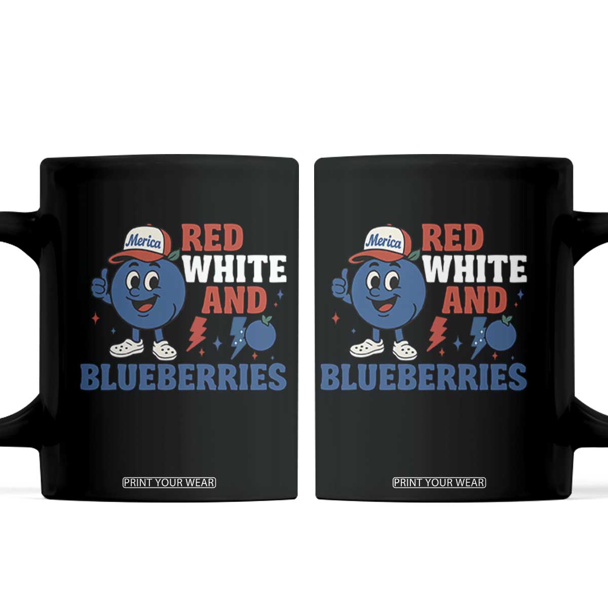 Red White and Blueberries Coffee Mug Patriotic Fruit Cartoon Graphic TS02 Black Print Your Wear