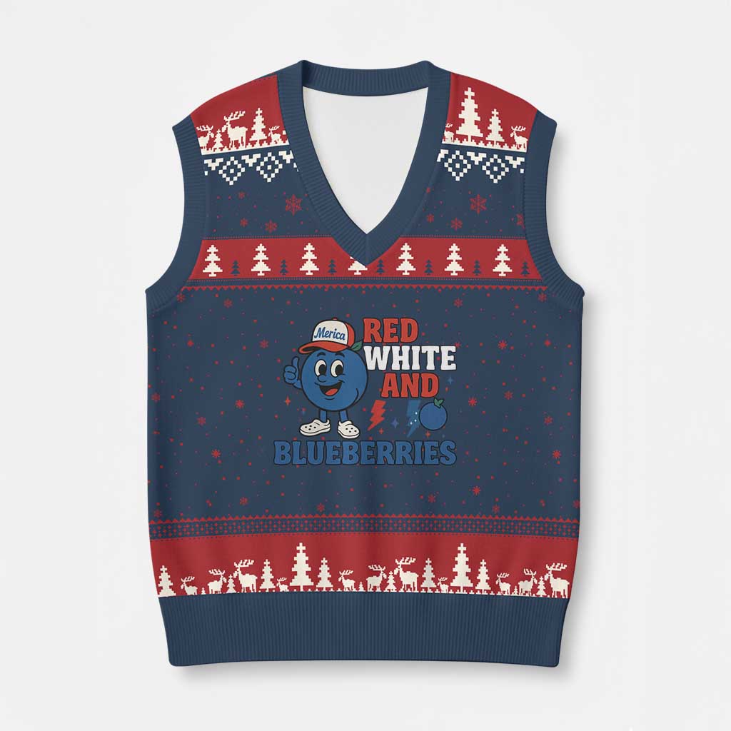 Red White and Blueberries V-Neck Knit Sweater Vest Patriotic Fruit Cartoon Graphic TS02 Navy Red Print Your Wear