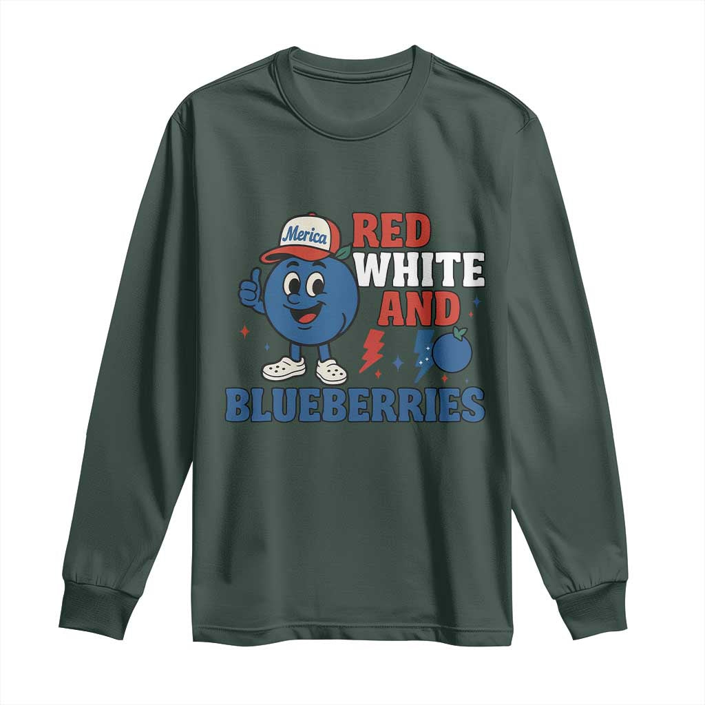 Red White and Blueberries Long Sleeve Shirt Patriotic Fruit Cartoon Graphic TS02 Dark Forest Green Print Your Wear