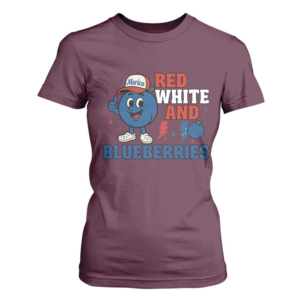 Red White and Blueberries T Shirt For Women Patriotic Fruit Cartoon Graphic TS02 Maroon Print Your Wear