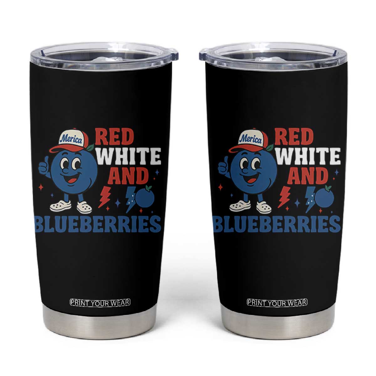 Red White and Blueberries Tumbler Cup Patriotic Fruit Cartoon Graphic TS02 Black Print Your Wear