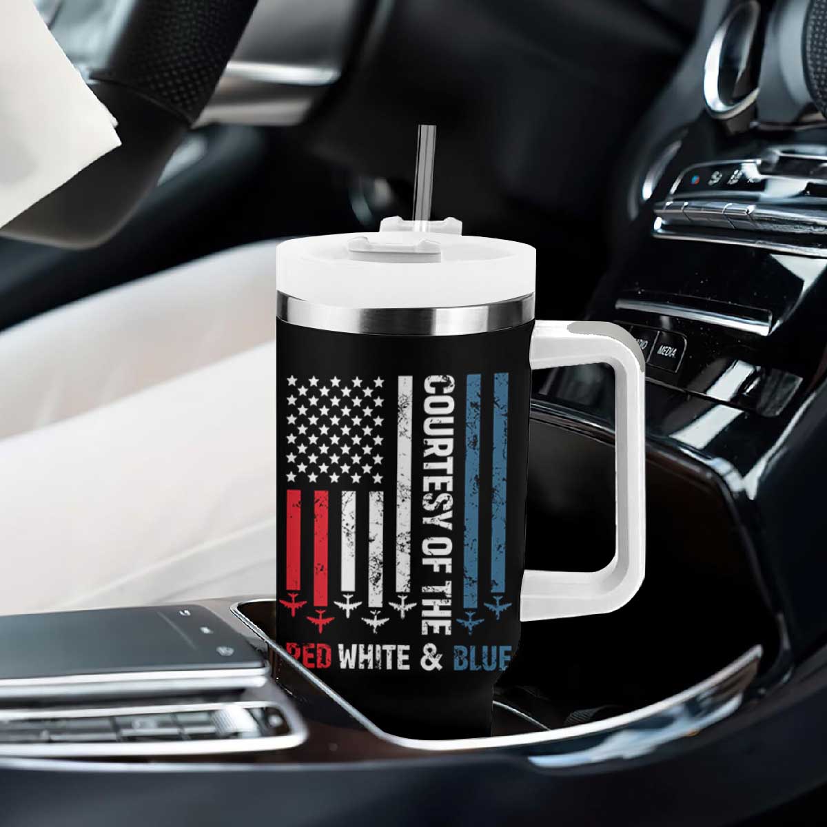 Courtesy of the Red White and Blue Tumbler With Handle US Military Patriotic American Flag TS02 Print Your Wear