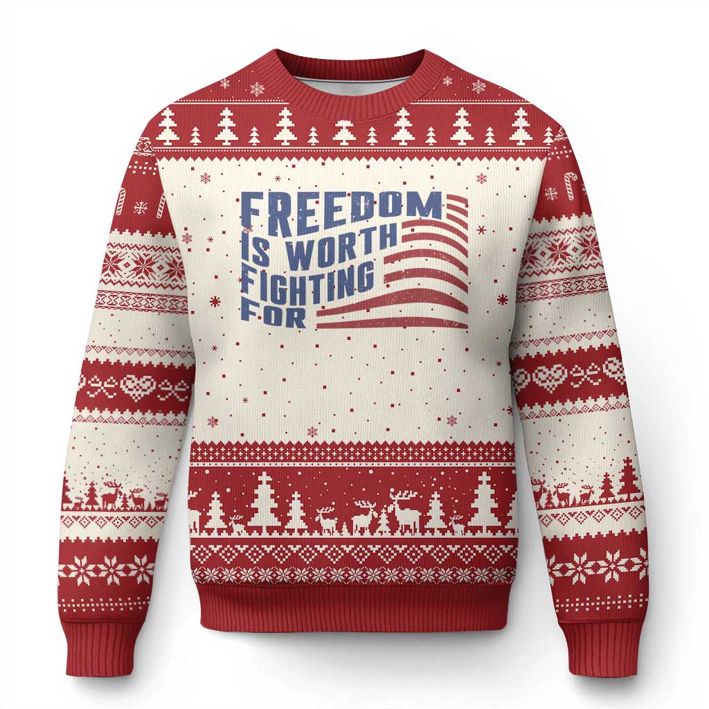 Freedom Is Worth Fighting For Ugly Christmas Sweater USA Flag America True Patriot TS02 Beige Red Print Your Wear