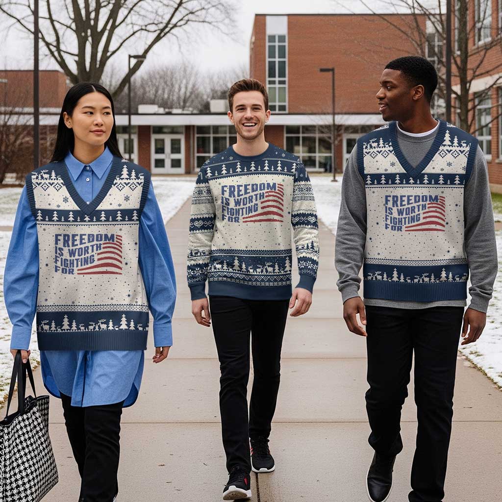 Freedom Is Worth Fighting For V-Neck Knit Sweater Vest USA Flag America True Patriot TS02 Beige Navy Print Your Wear