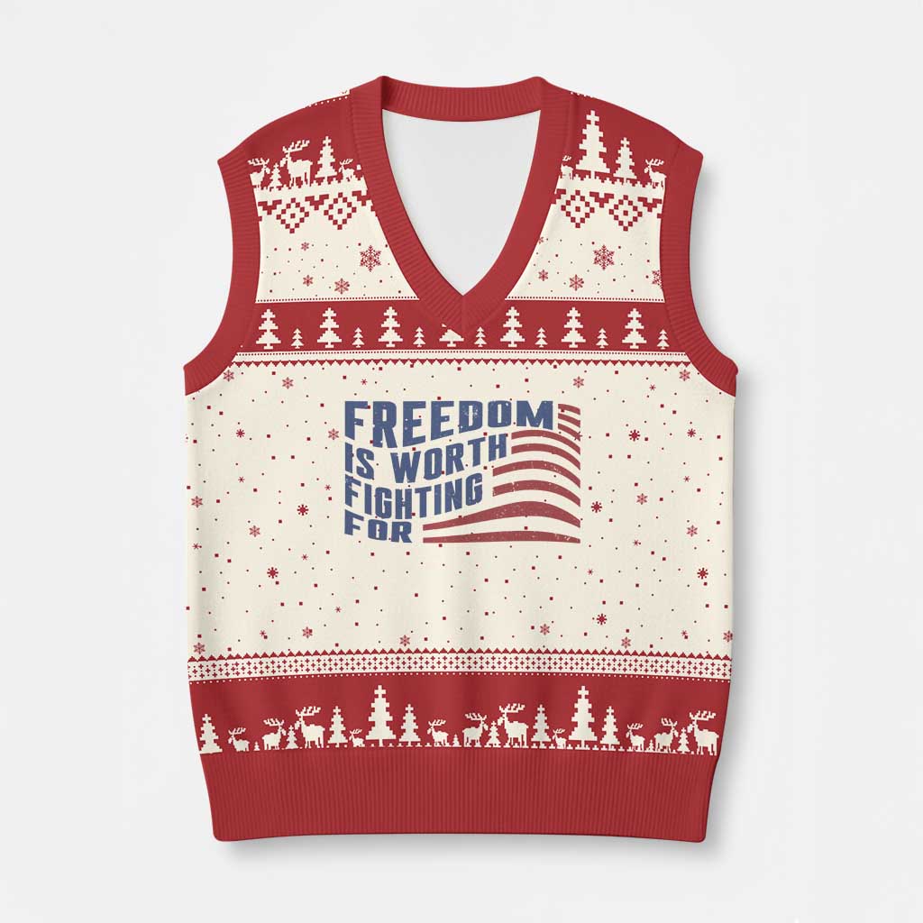 Freedom Is Worth Fighting For V-Neck Knit Sweater Vest USA Flag America True Patriot TS02 Beige Red Print Your Wear