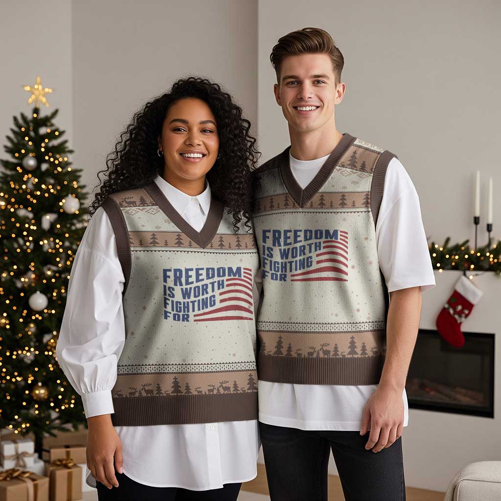 Freedom Is Worth Fighting For V-Neck Knit Sweater Vest USA Flag America True Patriot TS02 Mocha Mousse Print Your Wear