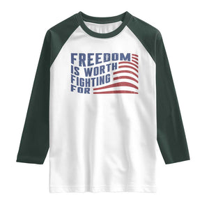 Freedom Is Worth Fighting For Raglan Shirt USA Flag America True Patriot TS02 White Dark Forest Green Print Your Wear