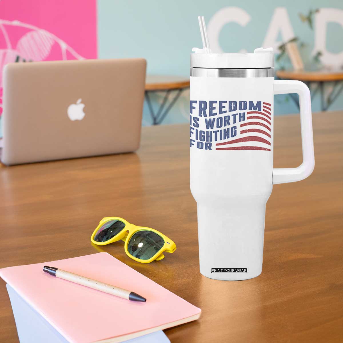 Freedom Is Worth Fighting For Tumbler With Handle USA Flag America True Patriot TS02 Print Your Wear