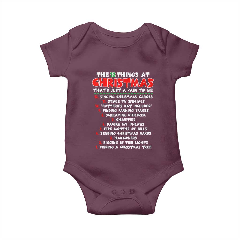 12 Pains of Christmas Parody Baby Onesie Funny Twist on the 12 Days of Christmas Tradition TS02 Maroon Print Your Wear
