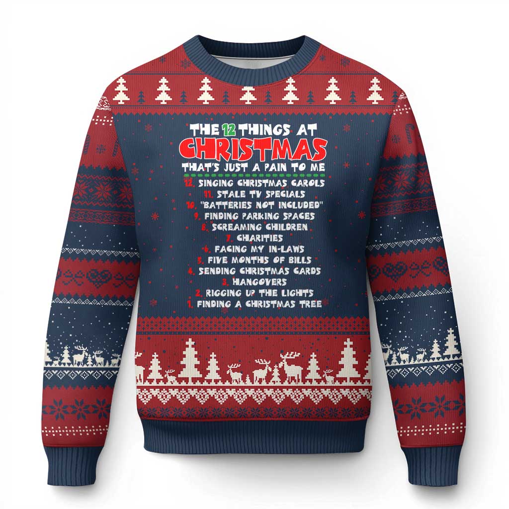 12 Pains of Xmas Parody Ugly Christmas Sweater Funny Twist on the 12 Days of Xmas Tradition TS02 Navy Red Print Your Wear