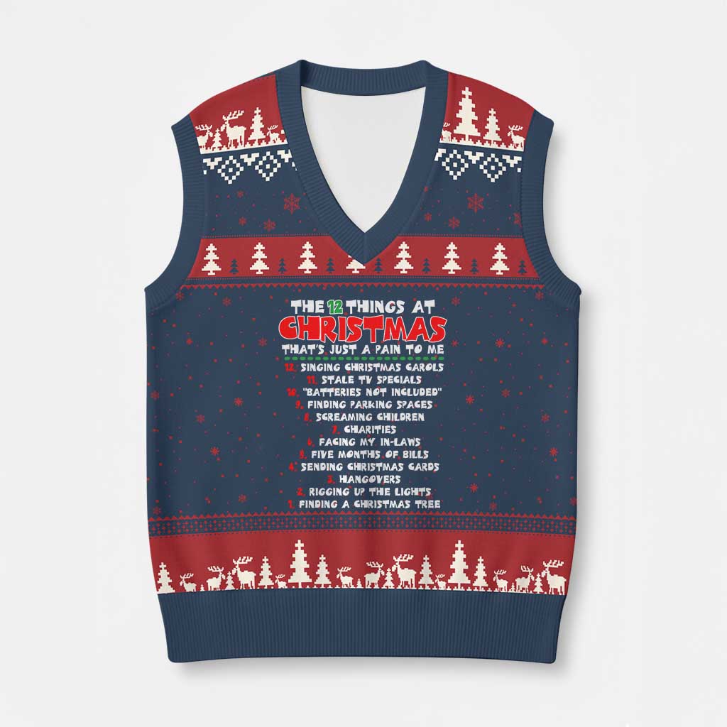 12 Pains of Xmas Parody V-Neck Knit Sweater Vest Funny Twist on the 12 Days of Xmas Tradition TS02 Navy Red Print Your Wear