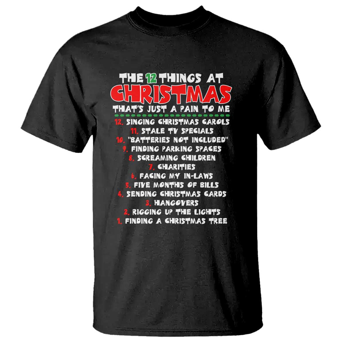 12 Pains of Christmas Parody T Shirt Funny Twist on the 12 Days of Christmas Tradition TS02 Black Print Your Wear