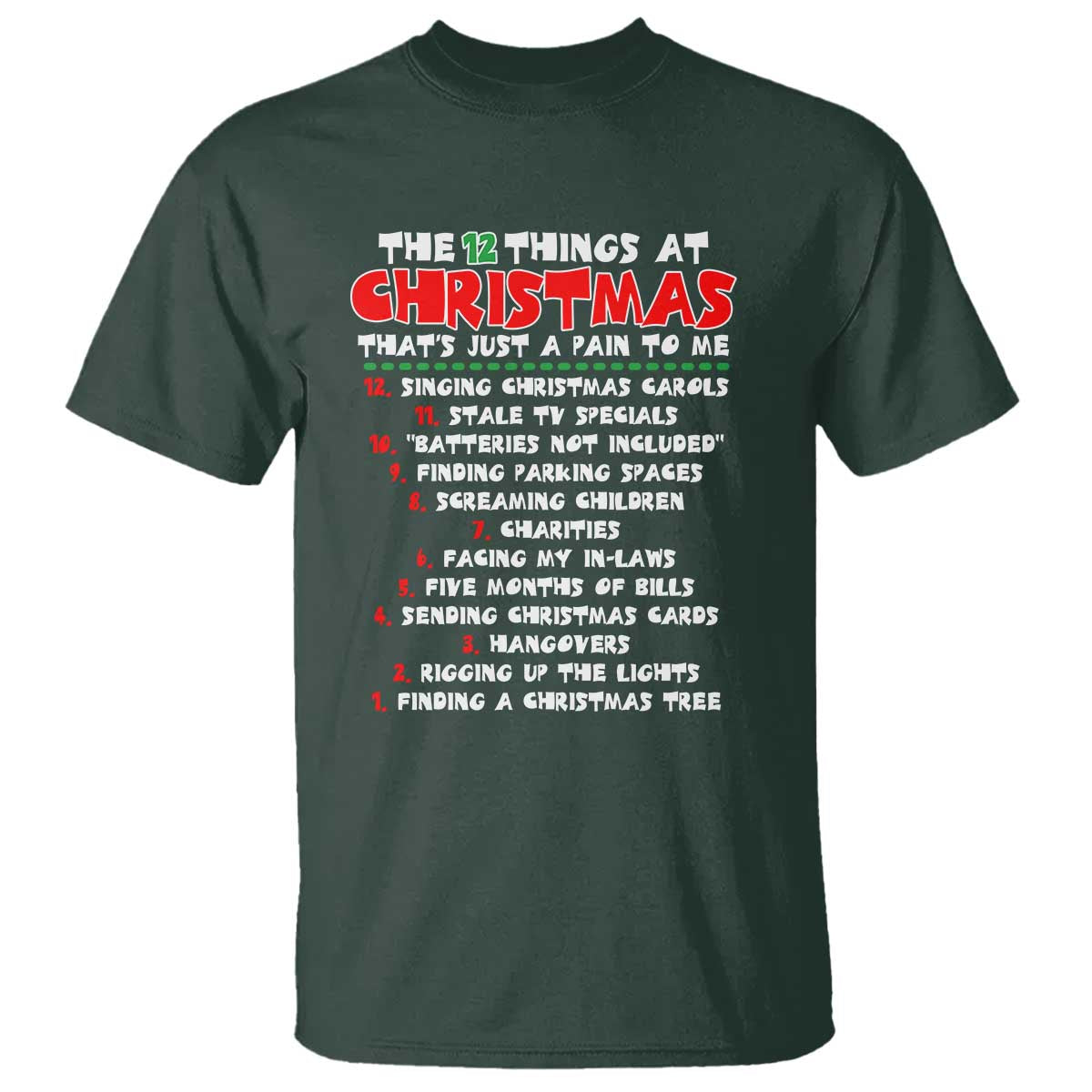 12 Pains of Christmas Parody T Shirt Funny Twist on the 12 Days of Christmas Tradition TS02 Dark Forest Green Print Your Wear