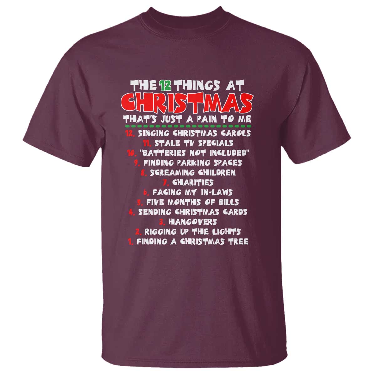12 Pains of Christmas Parody T Shirt Funny Twist on the 12 Days of Christmas Tradition TS02 Maroon Print Your Wear