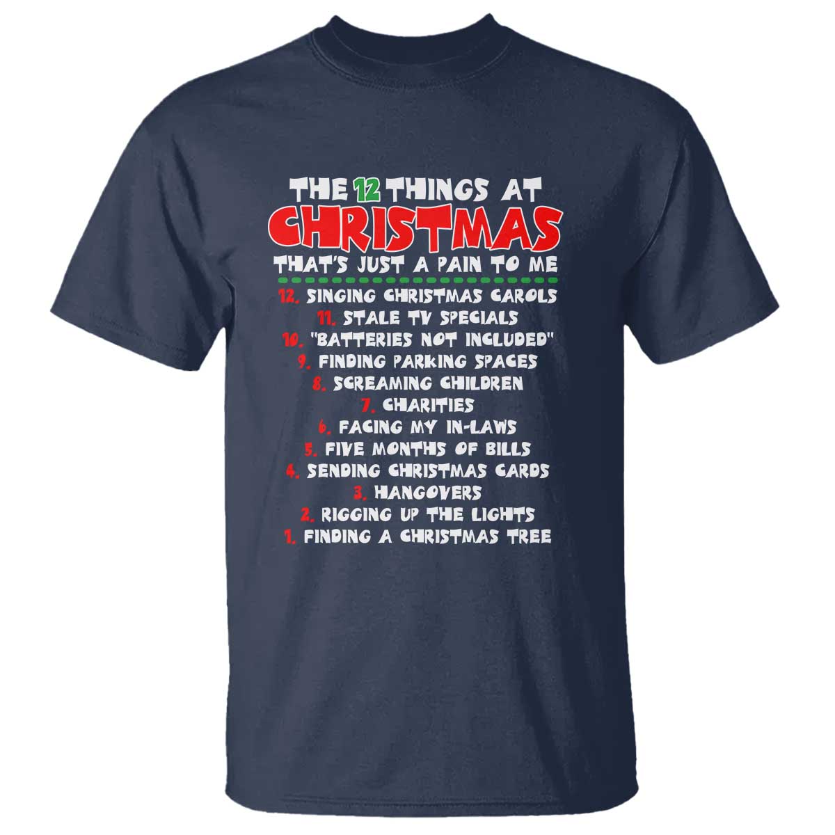 12 Pains of Christmas Parody T Shirt Funny Twist on the 12 Days of Christmas Tradition TS02 Navy Print Your Wear