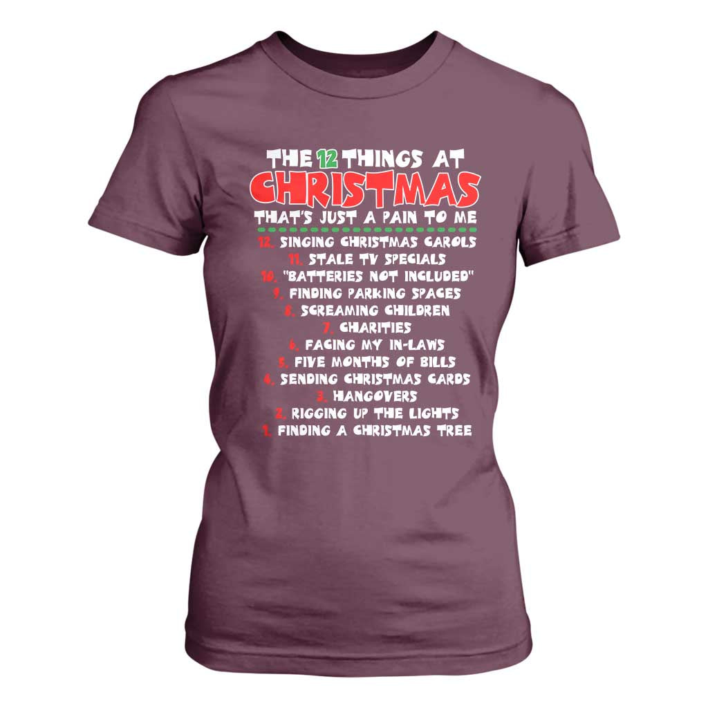 12 Pains of Christmas Parody T Shirt For Women Funny Twist on the 12 Days of Christmas Tradition TS02 Maroon Print Your Wear