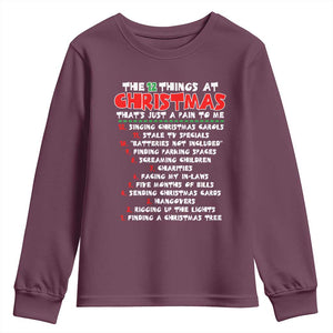 12 Pains of Christmas Parody Youth Sweatshirt Funny Twist on the 12 Days of Christmas Tradition TS02 Maroon Print Your Wear