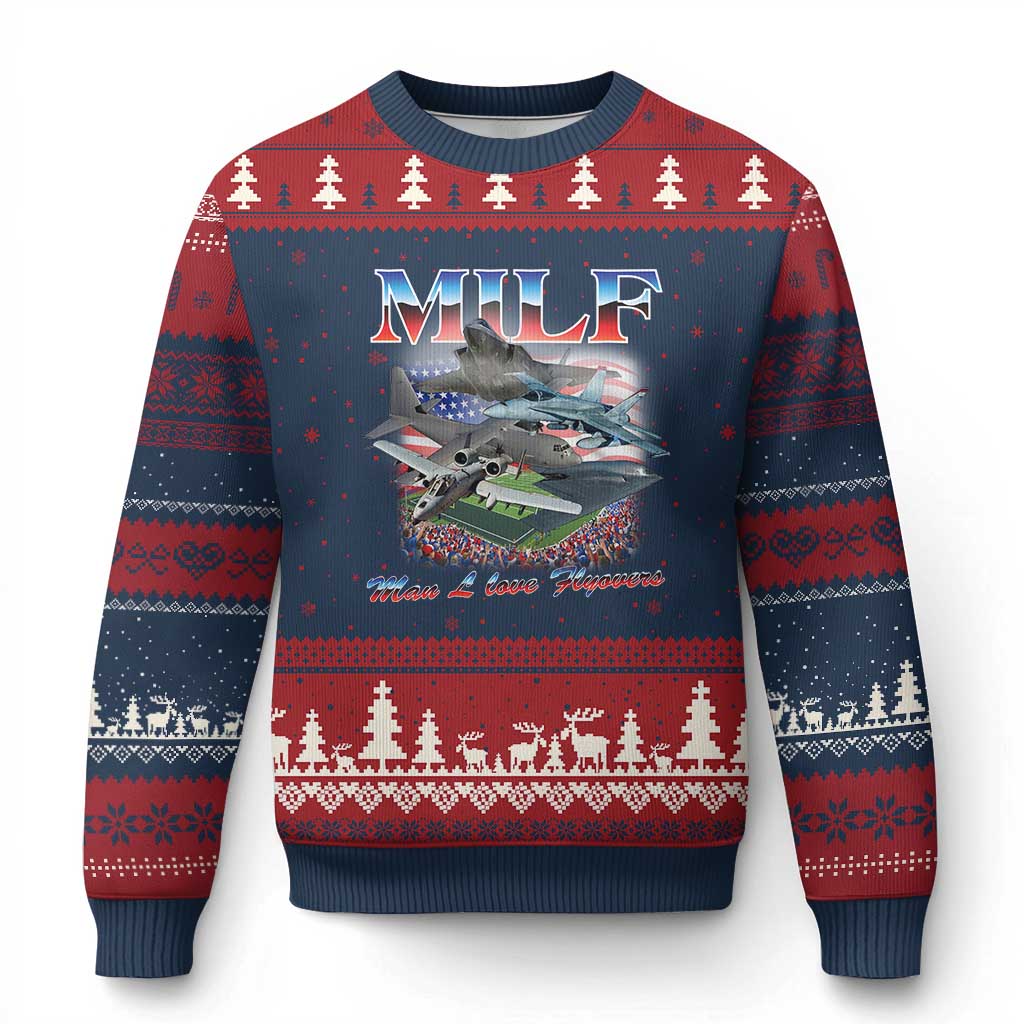 MILF Man I Love Flyovers Meme Ugly Christmas Sweater for Aviation Buffs Patriotic Meme Lords TS02 Navy Red Print Your Wear