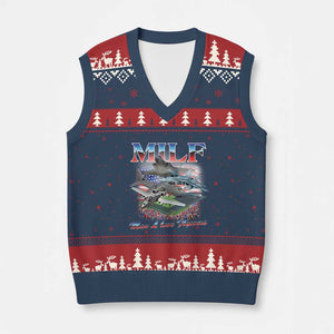 MILF Man I Love Flyovers Meme V-Neck Knit Sweater Vest for Aviation Buffs Patriotic Meme Lords TS02 Navy Red Print Your Wear