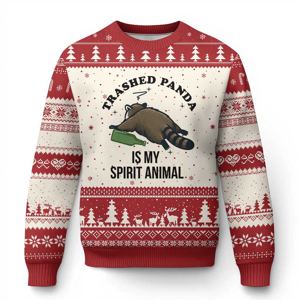 Trashed Panda Is My Spirit Animal Ugly Christmas Sweater Funny Drunk Raccoon Meme for Party People Hot Mess Energy TS02 Beige Red Print Your Wear